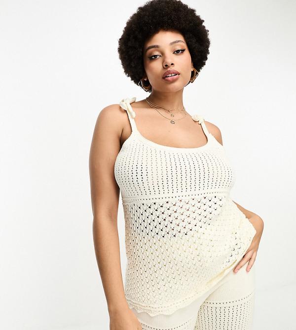 Simply Be Exclusive crochet cami top in cream (part of a set)-Neutral