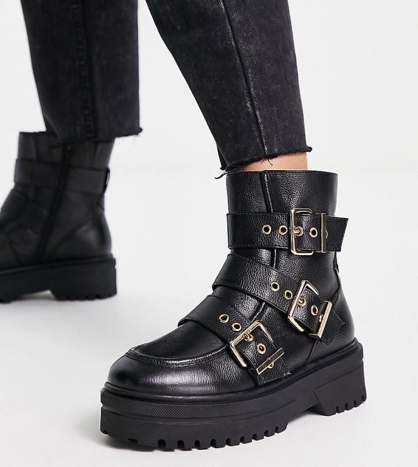 Simply Be Extra Wide Fit leather flat ankle boots with buckle strap detail in black