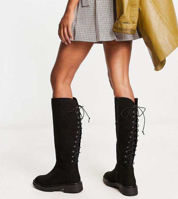 Simply Be Extra Wide Fit suedette lace up back knee boots in black