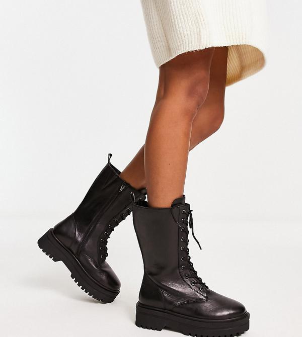 Simply Be Wide Fit faux leather lace up utility ankle boots in black