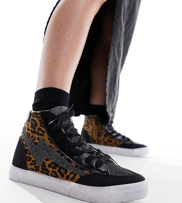 Simply Be Wide Fit hi top sneakers in leopard print-Brown