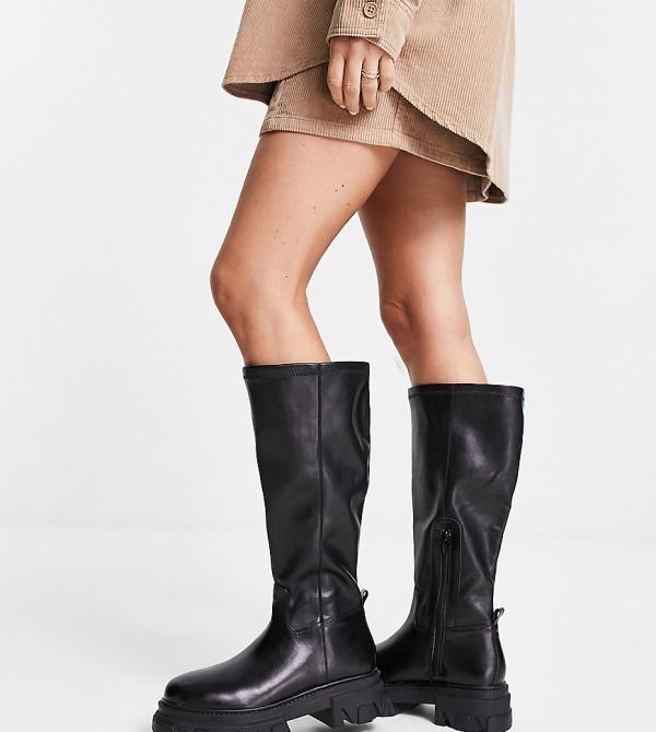 Simply Be Wide Fit knee flat boots with cleated sole in black