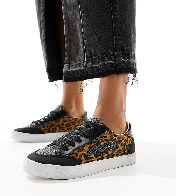 Simply Be Wide Fit sneakers in leopard print-Brown
