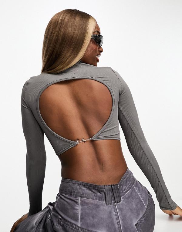 Sixth June long sleeve high neck crop top with open back in grey
