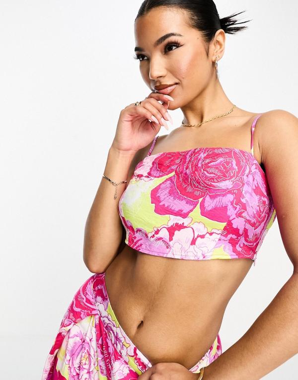 Something New cami crop top in neon rose print (Part of a set)-Multi