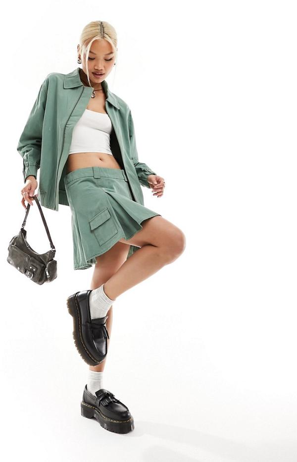 Something New x Chloe Frater zip front denim bomber jacket in washed watercress green (part of a set)