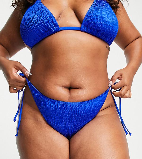 South Beach Curve Exclusive crinkle tie side bikini bottoms in blue