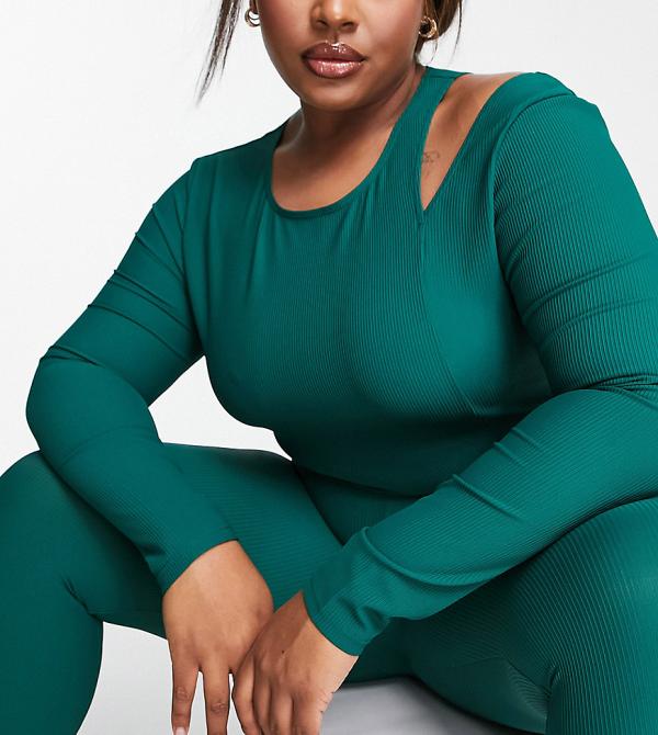 South Beach Plus cut out rib long sleeve top in forest green