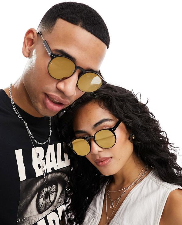 Spitfire Post Punk round sunglasses in black with gold mirror lens