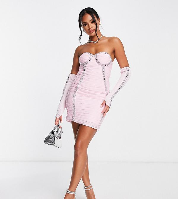 Starlet embellished mini dress with gloves in baby pink