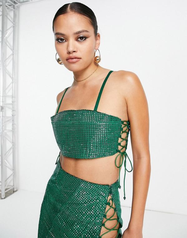 Starry Eyed premium bling lace up side crop top in green (part of a set)