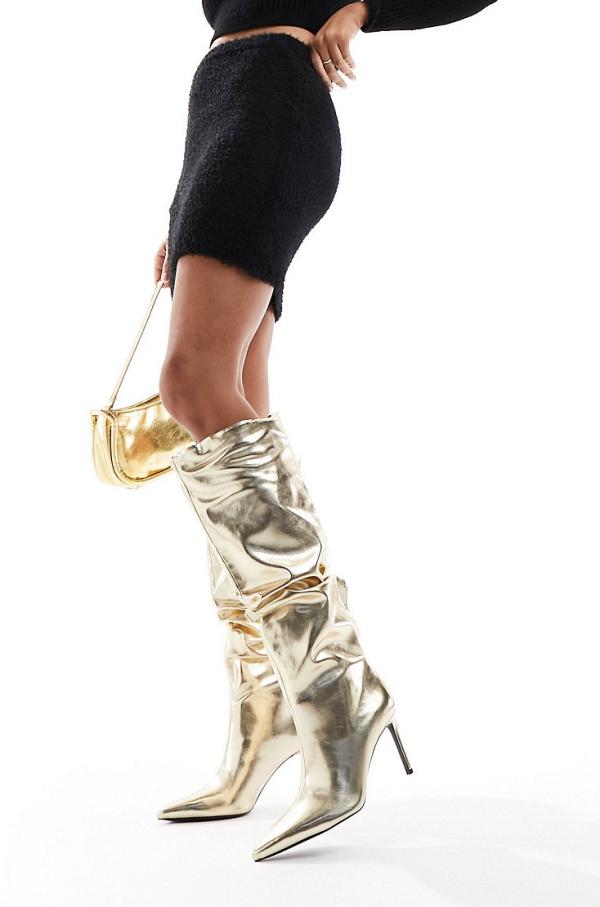 Stradivarius metallic knee high stiletto boots in gold