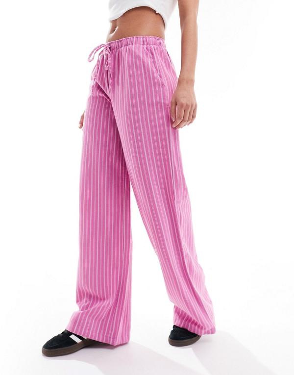 Stradivarius STR linen blend pull on pants in pink stripe