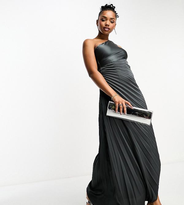 Style Cheat Exclusive one shoulder pleated midaxi dress in gunmetal-Silver