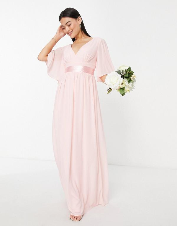 TFNC Bridesmaid kimono sleeve pleated maxi dress with angel sleeve in whisper pink