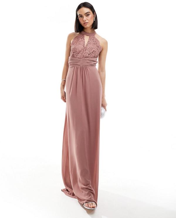 TFNC Bridesmaids halterneck maxi dress with lace detail in mauve-Pink