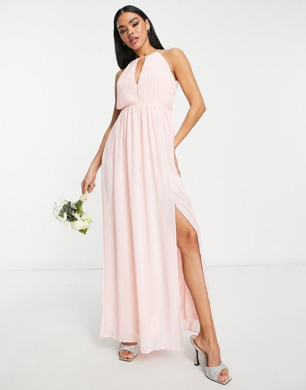 TFNC chiffon maxi dress with pleated front and open back detail in whisper pink