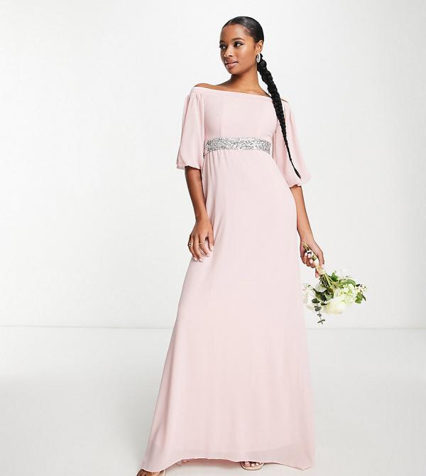 TFNC Petite bardot chiffon maxi dress with embellished waist in mauve-Pink
