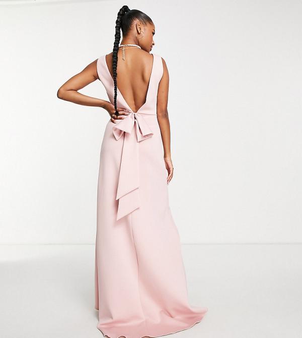 TFNC Petite Bridesmaid bow back maxi dress in muted blush-Pink