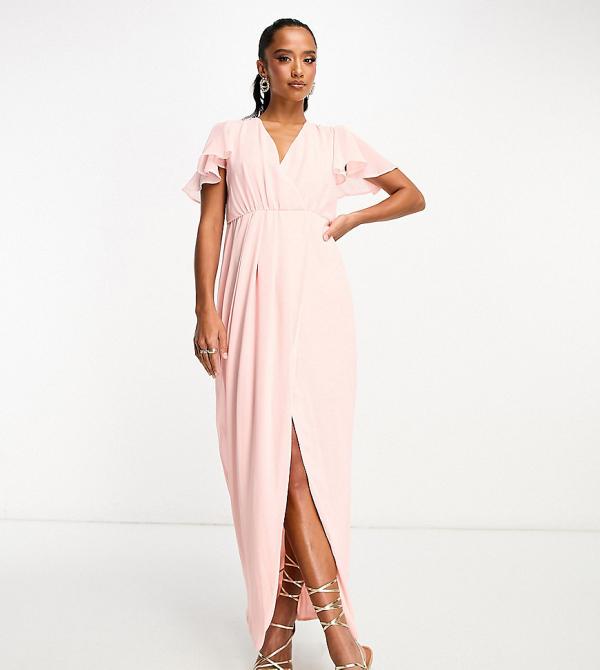 TFNC Petite Bridesmaid chiffon wrap front maxi dress with flutter sleeve in whisper pink