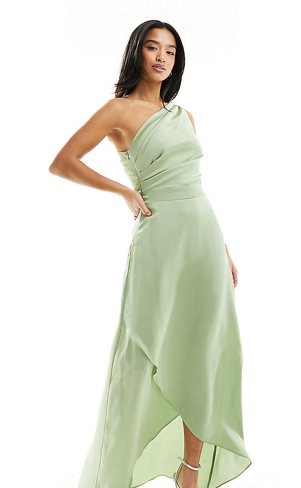 TFNC Petite Bridesmaid satin one shoulder maxi dress with wrap skirt in sage-Green