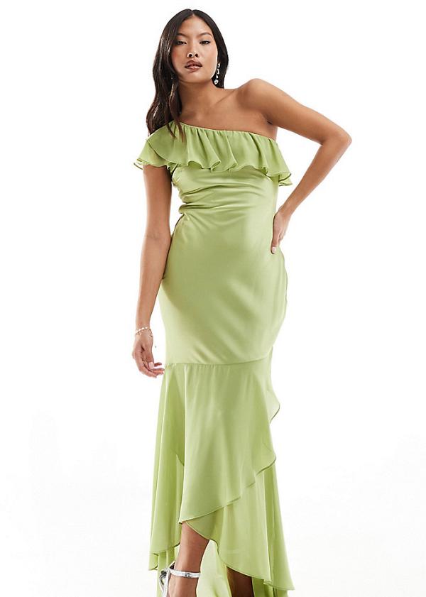 TFNC Petite Bridesmaid satin one shoulder ruffle maxi dress in olive-Green