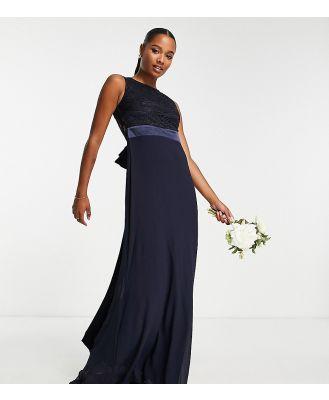 TFNC Petite Bridesmaids chiffon maxi dress with lace scalloped back in navy