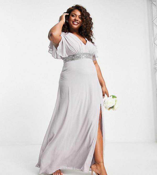 TFNC Plus Bridesmaid chiffon maxi dress with flutter sleeve and embellished waist in grey