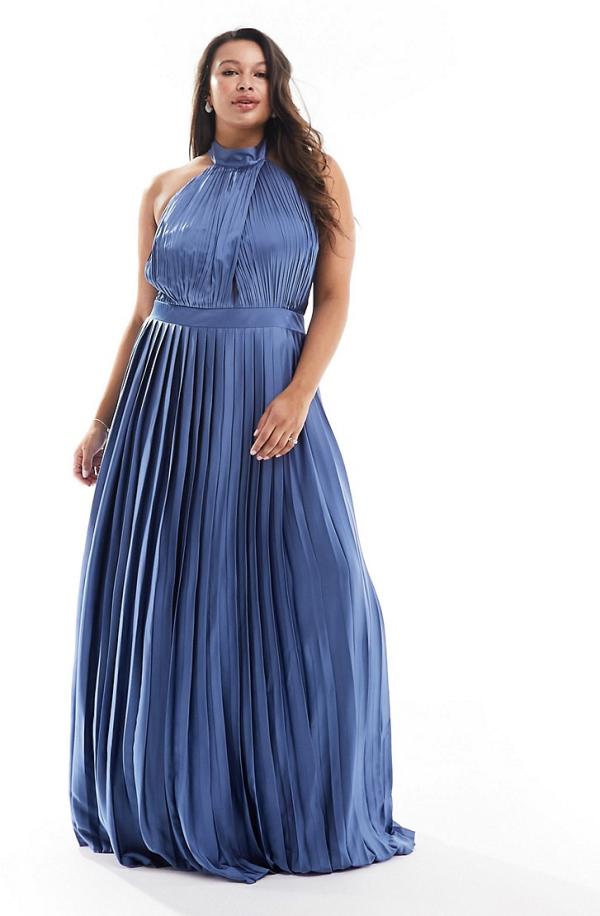TFNC Plus Bridesmaid satin pleated halterneck maxi dress with full skirt in aster blue