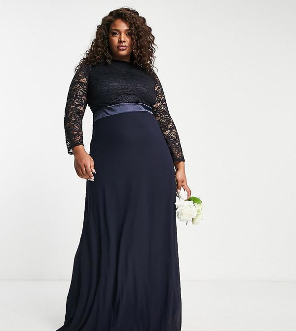 TFNC Plus Bridesmaids chiffon maxi dress with lace scalloped back and long sleeves in navy