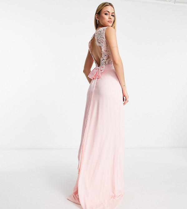 TFNC Tall chiffon maxi dress with lace scalloped back in whisper pink
