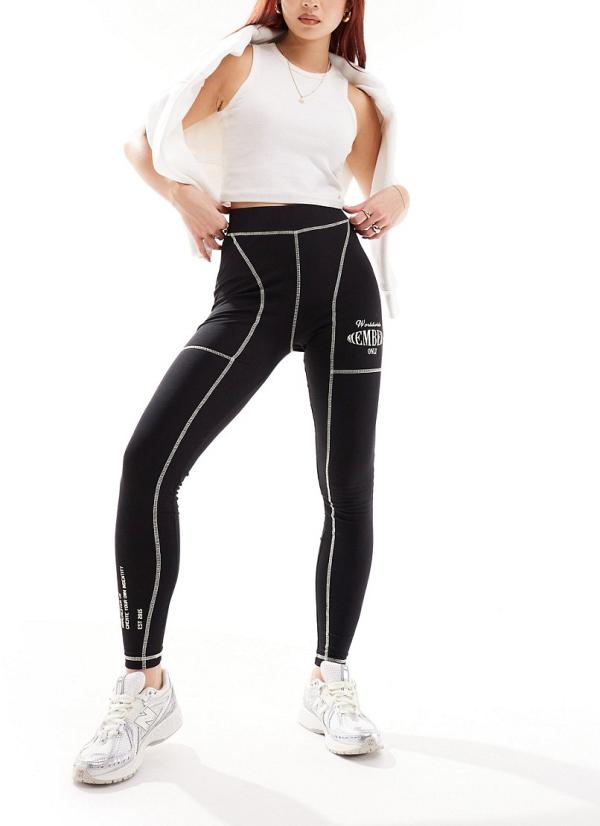 The Couture Club graphic leggings with contrast stitch in black-Blue