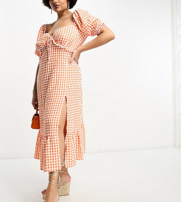 The Frolic Plus gingham ruffle milkmaid midaxi dress in tangerine-Orange