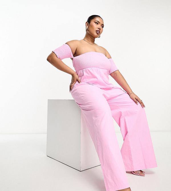 The Frolic Plus shirred off shoulder wide leg jumpsuit in pink