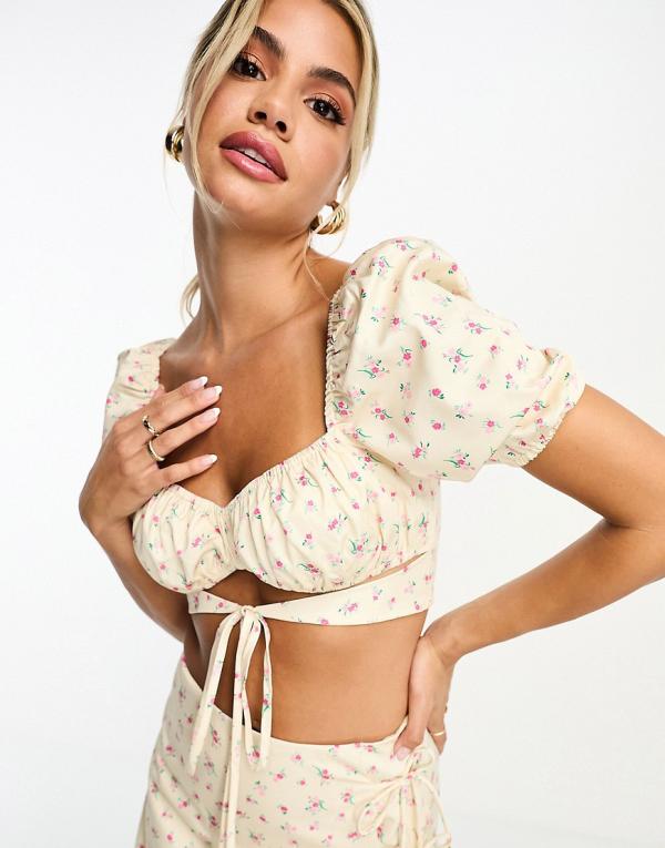 The Frolic puff sleeve milkmaid crop top with strap detail in vintage floral (Part of a set)-Multi