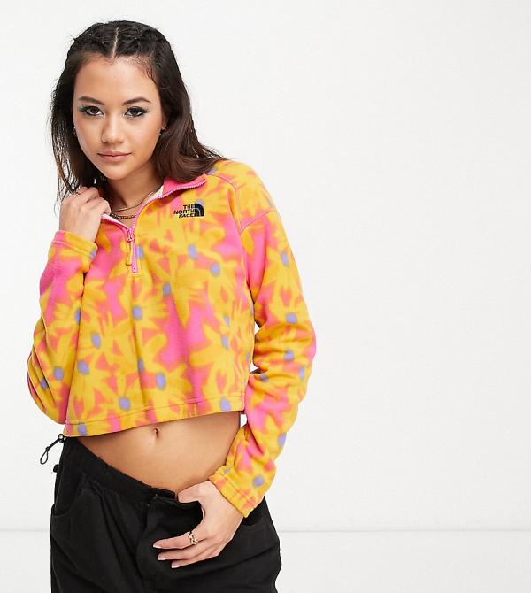 The North Face Glacier 1/4 zip cropped fleece in yellow flower print Exclusive at ASOS