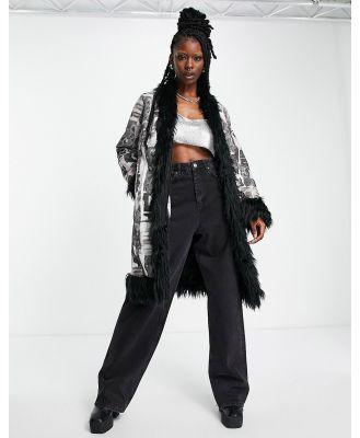 The Ragged Priest faux fur trim longline graphic print coat in black and white-Multi