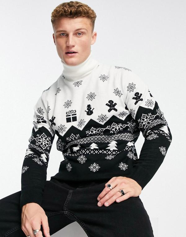 Threadbare fair isle roll neck Christmas jumper in black & ecru