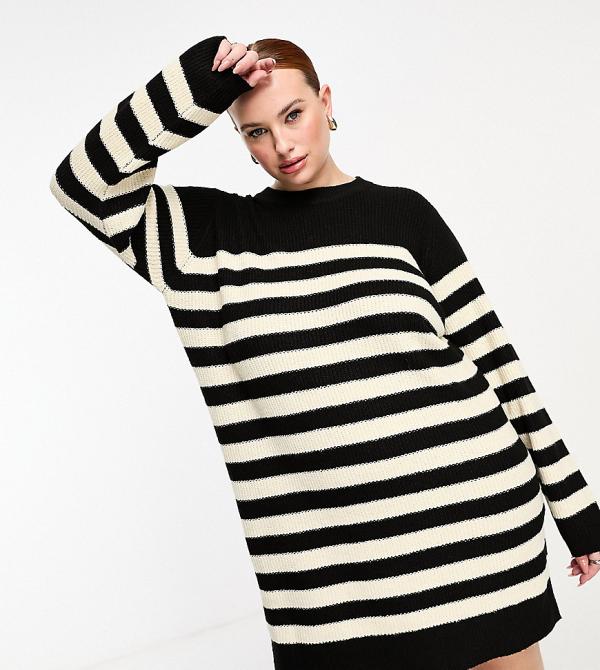 Threadbare Plus Evie midi jumper dress in black and white stripe-Multi