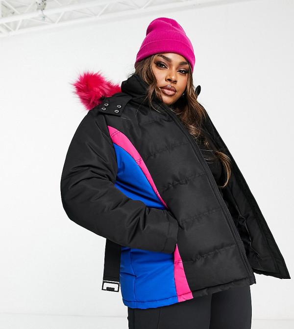 Threadbare Plus Ski puffer jacket with faux fur trim hood in black & pink