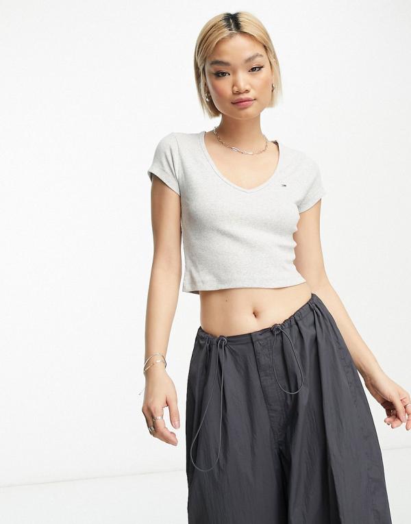 Tommy Jeans baby crop essential logo rib v neck top in grey