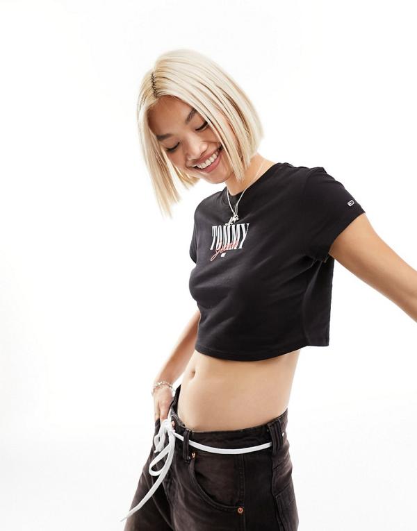 Tommy Jeans baby cropped essential logo short sleeve t-shirt in black