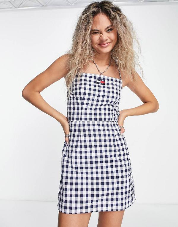 Tommy Jeans flag logo bodycon dress in gingham print-Blue