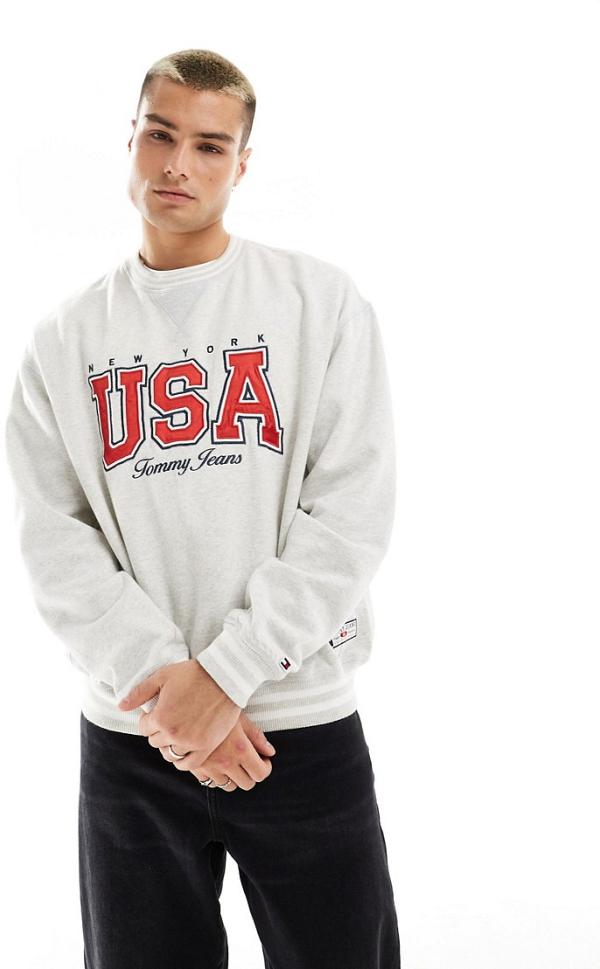 Tommy Jeans International Games unisex USA crew neck sweatshirt in heather grey