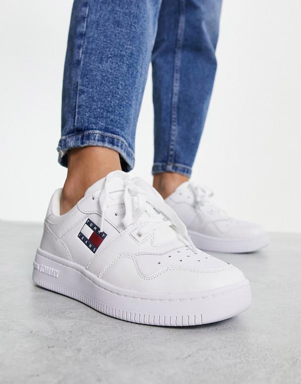 Tommy Jeans leather flag logo retro basket sneakers in white