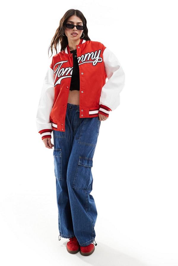 Tommy Jeans letterman jacket in deep crimson-Red