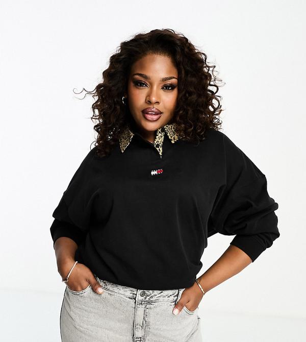 Tommy Jeans Plus oversized leopard collar rugby top in black