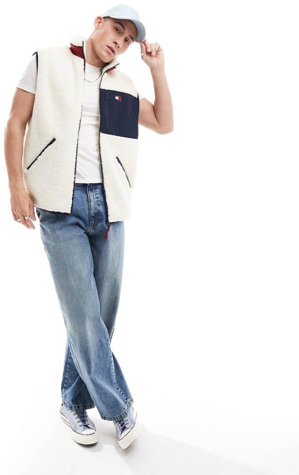 Tommy Jeans sherpa vest in off white and blue