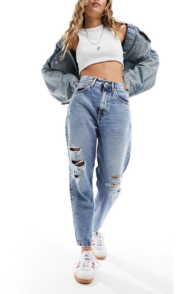 Tommy Jeans ultra high rise tapered mom jeans with knee rips in light wash-Blue