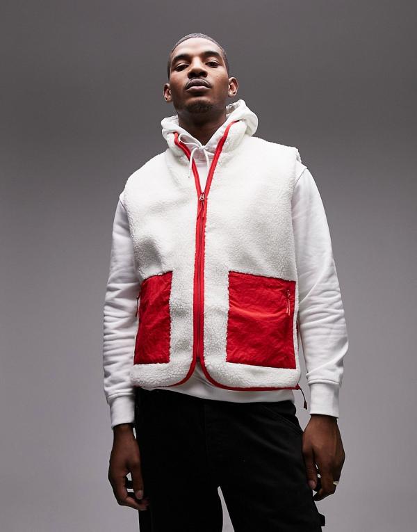 Topman borg vest with panel pockets in ecru-White